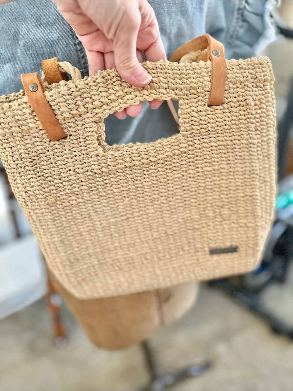 Vintage Esprit Natural Woven Backpack Tote with Tan Leather Straps - Picture 3 of 10